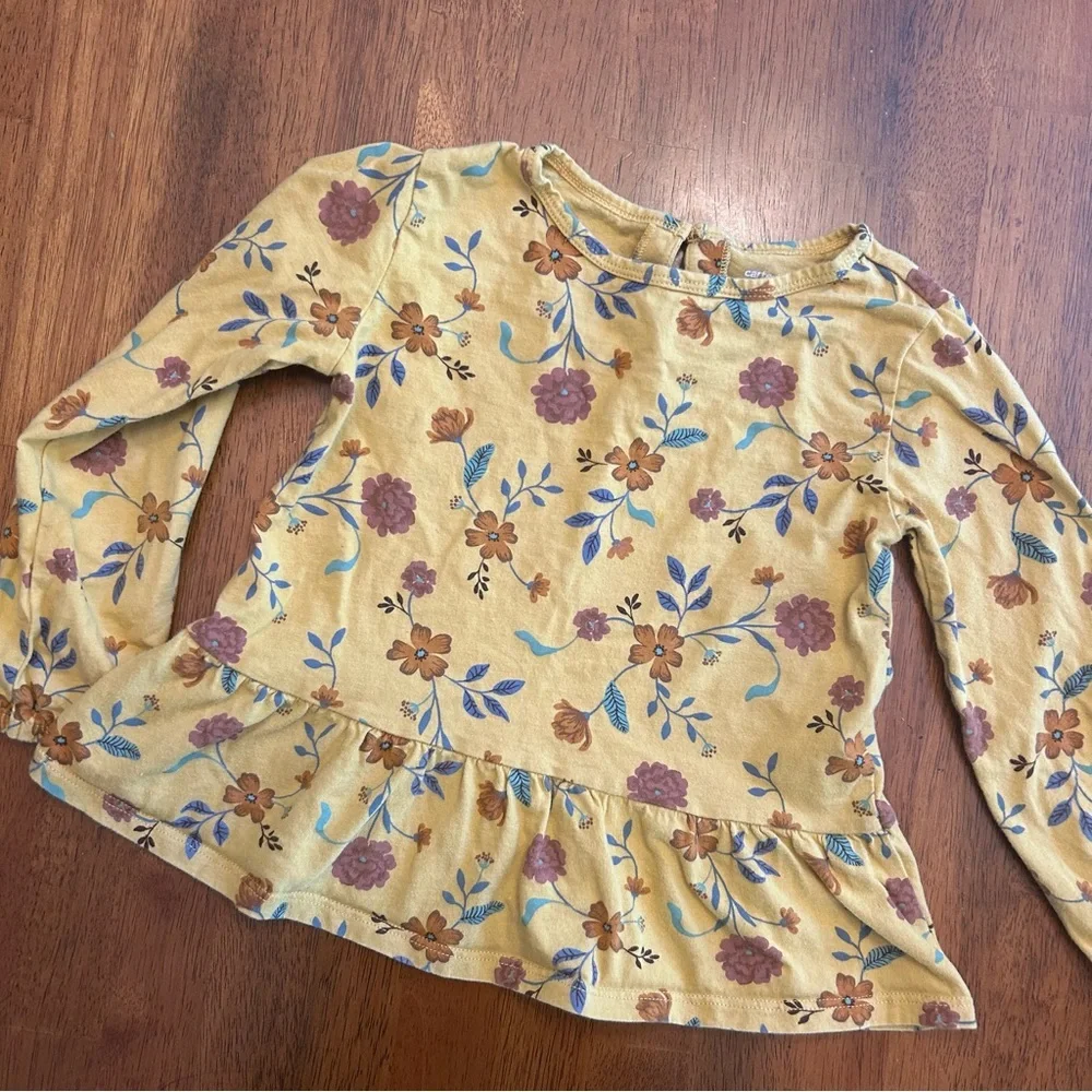 Carter’s Mustard Yellow Floral Peplum Top Long Sleeve Shirt | Girls Size 5T